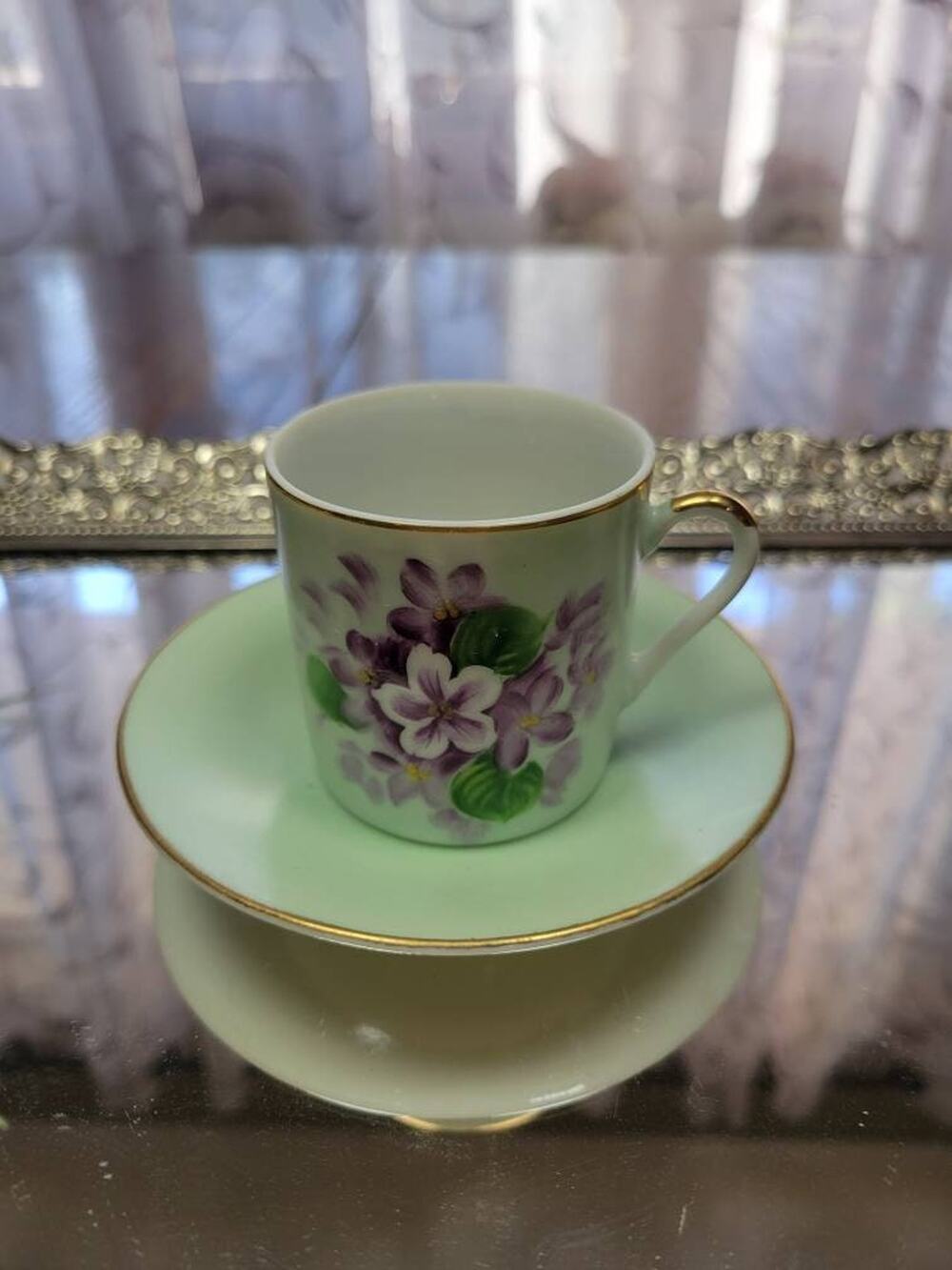 Vintage Lefton Demitasse Teacup Saucer SL 510 Mint Green Purple Lilac Porcelain